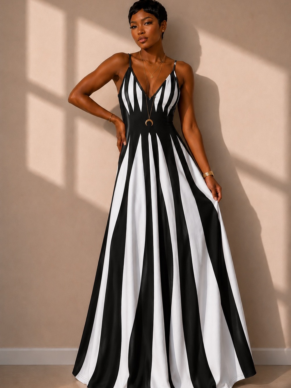 Black & White Striped V-Neck Maxi Dress